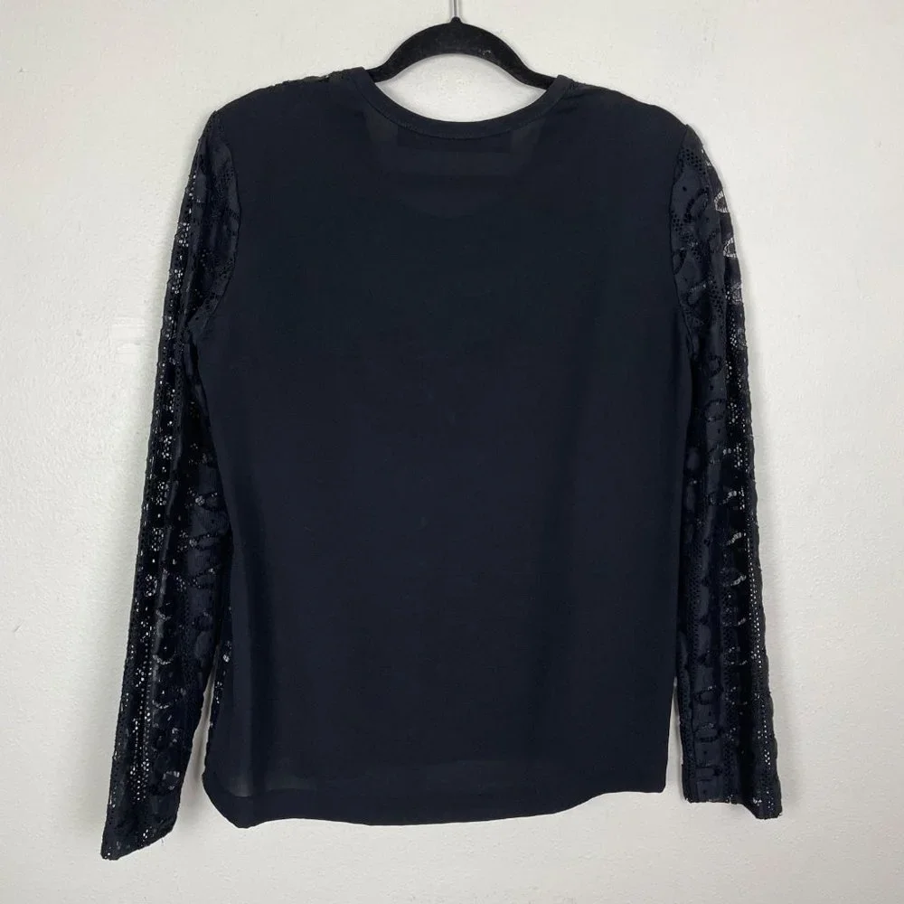 Yigal Azrouel Woman's 8 Black Sheer Knitted Front Long Sleeve Blouse Top - Picture 7 of 9